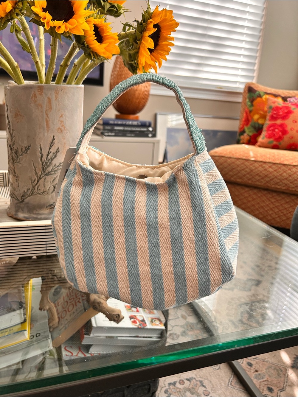 Lulu Striped Beaded Crab Mini Tote Bag in Teal and Red - Picture 2 of 4